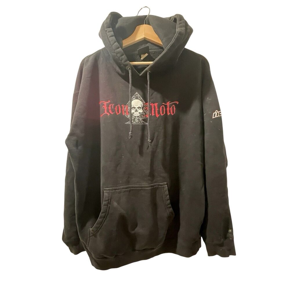 Vtg Icon Moto Spade Skull Hoodie Black Size L Biker Motorcycle Sweatshirt Y2K